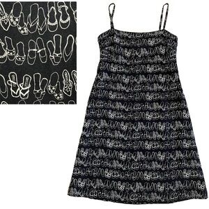 Vintage Ellen Tracy Black Linen Novelty Print Shoes Sandals Shift Dress Size 2